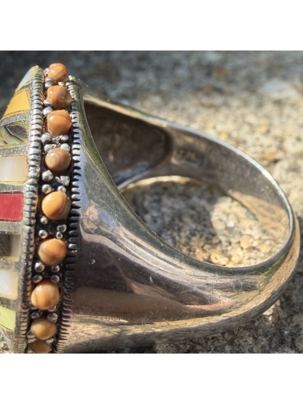 Southwestern Multi Stone Striped Inlay Ring 8 Sterling Silver MOP Jasper Boho - Picture 6 of 15